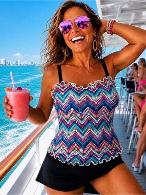 Profile by Gottex 38D Tankini Top Multicolor Black Ruffle Underwire Swimsuit Top